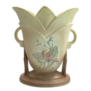 Vtg Hull Magnolia Art Pottery Double Handle Yellow to Pink Vase 8.5" USA Pottery